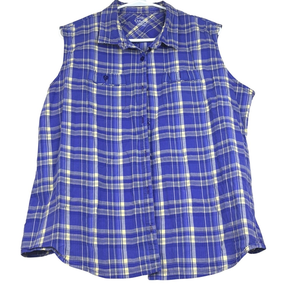 Cabelas Shirt Womens XL Purple TanPlaid Sleeveless Cotton Blend Button Up Top